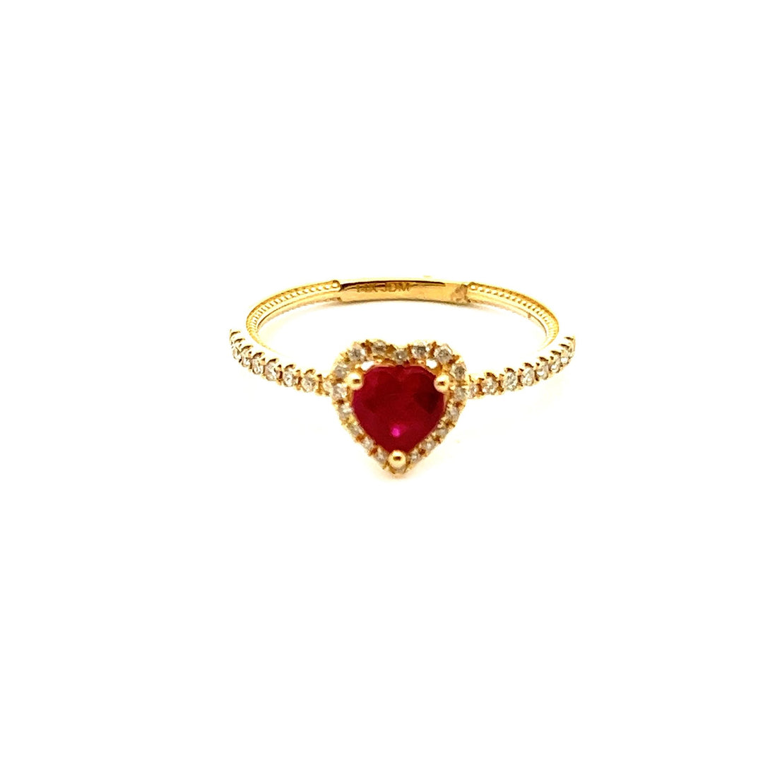 14k Yellow Gold Heart Ruby Dia Halo Ring - Tivoli Jewelers