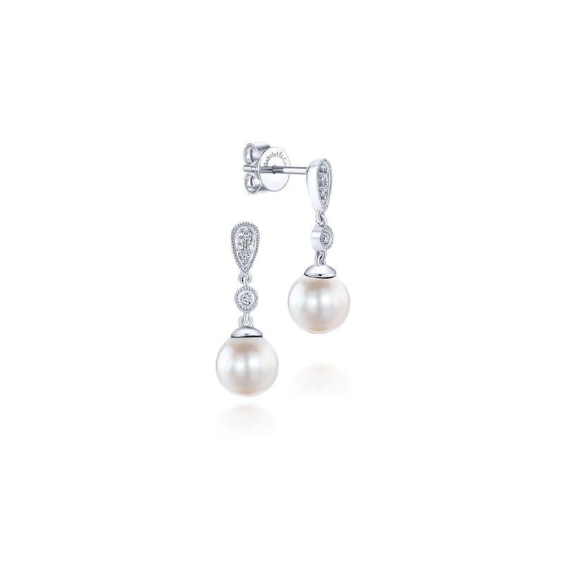 Gabriel & Co. 14k White Gold Grace Pearl & Diamond Drop Earrings - Tivoli Jewelers