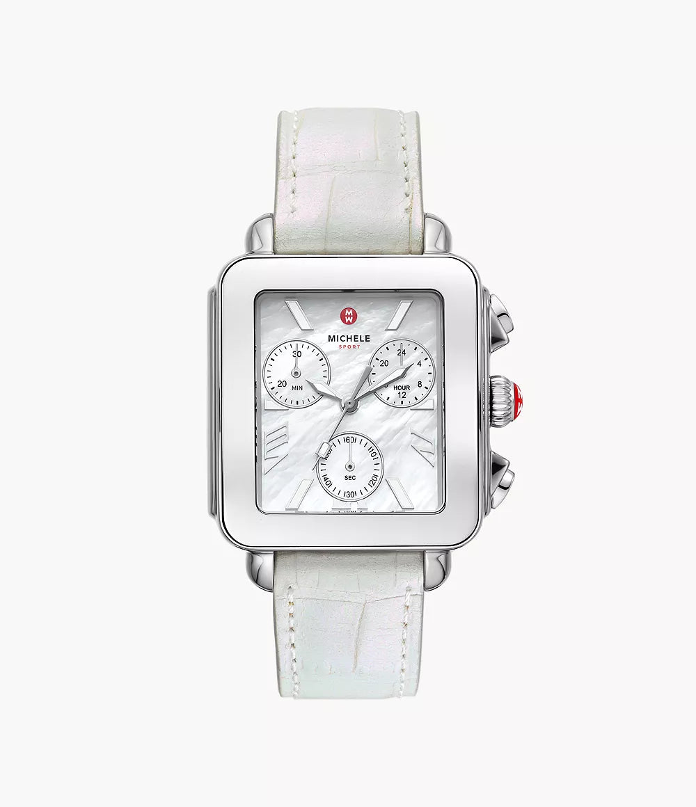 Michele Deco Sport Chronograph Stainless Steel White Leather Watch - Tivoli Jewelers