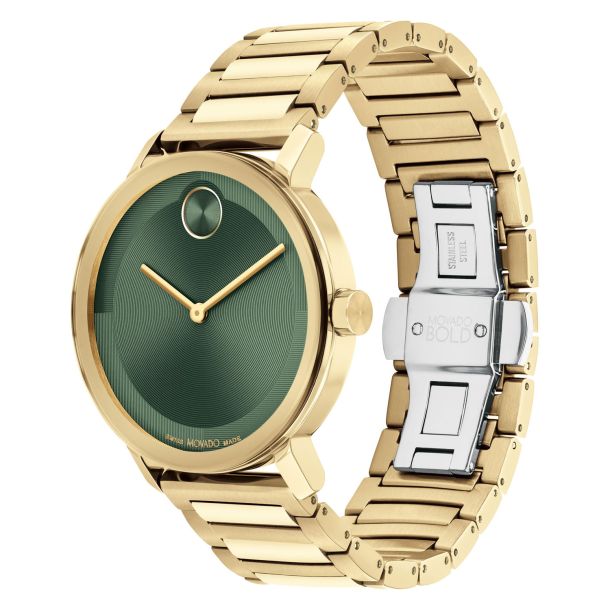 Movado BOLD Evolution Green Dial Gold Ionic-Plated Stainless Steel Bracelet Watch | 40mm | 3601156 - Tivoli Jewelers