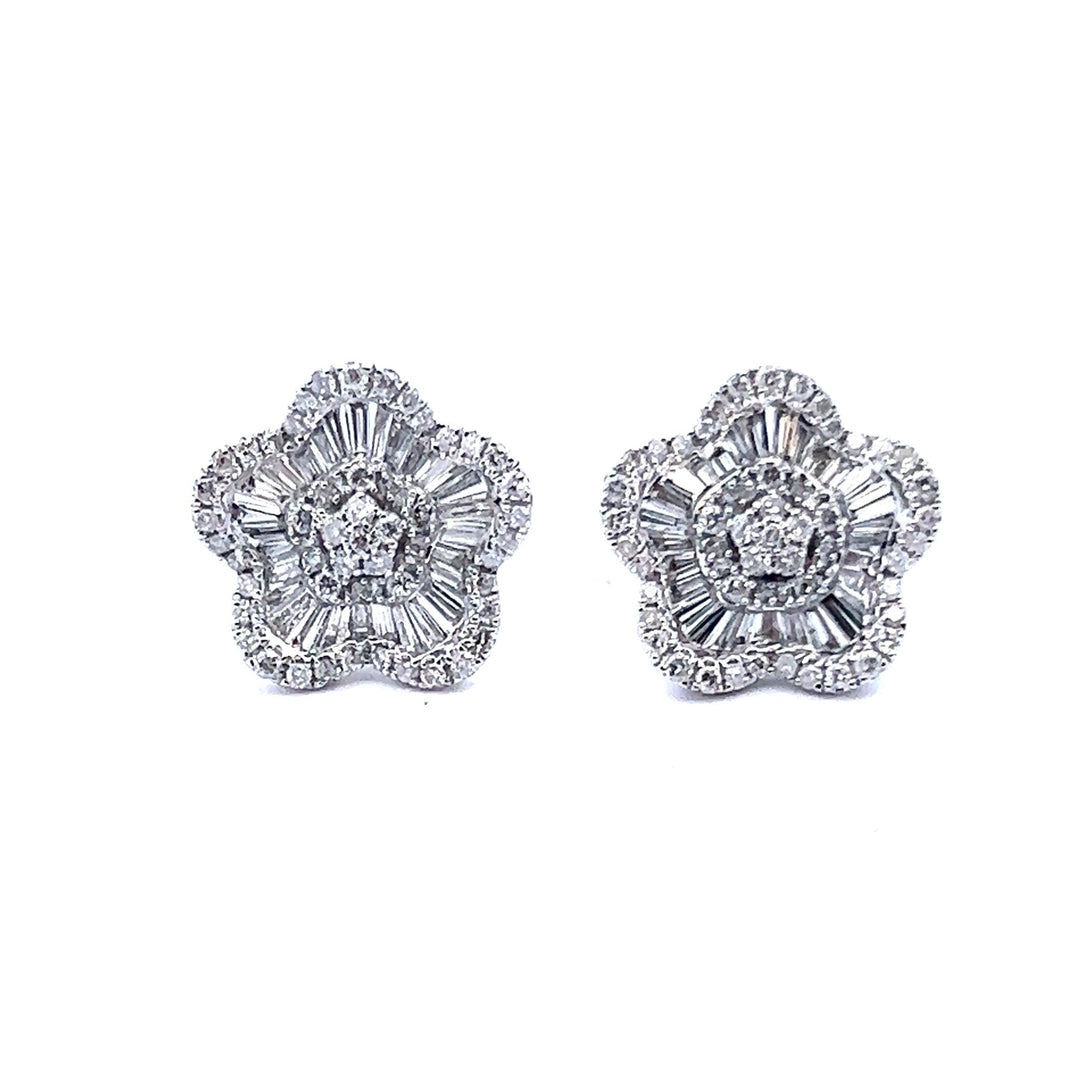14K White Gold Baguette Diamond Flower Earrings - Tivoli Jewelers