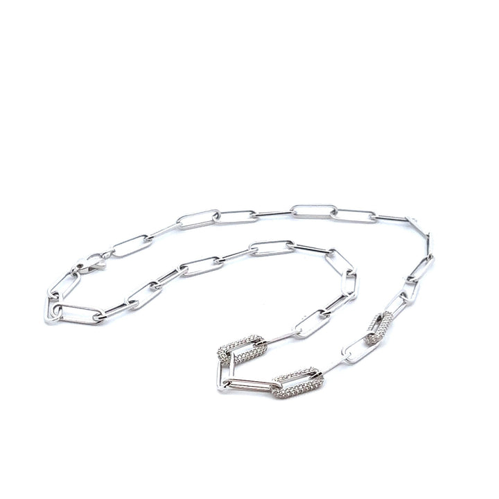 14K White Gold Triple Diamond Link Paper Clip Necklace - Tivoli Jewelers