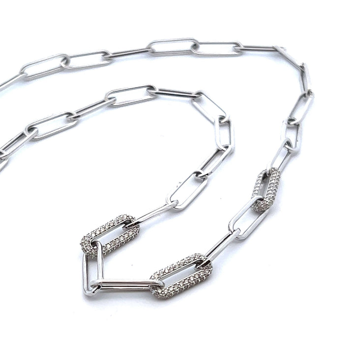 14K White Gold Triple Diamond Link Paper Clip Necklace - Tivoli Jewelers