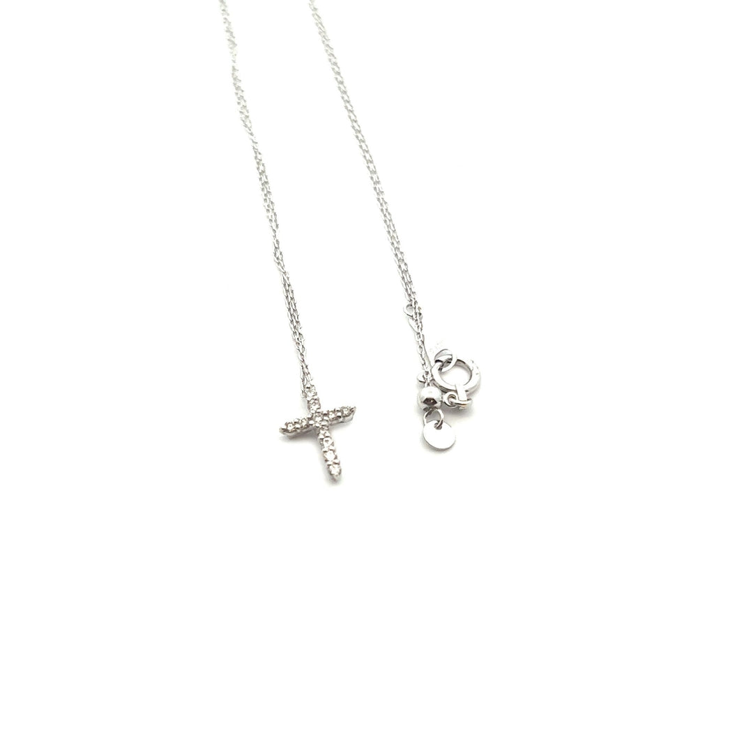 18K White Gold Tiny Diamond Cross Necklace - Tivoli Jewelers