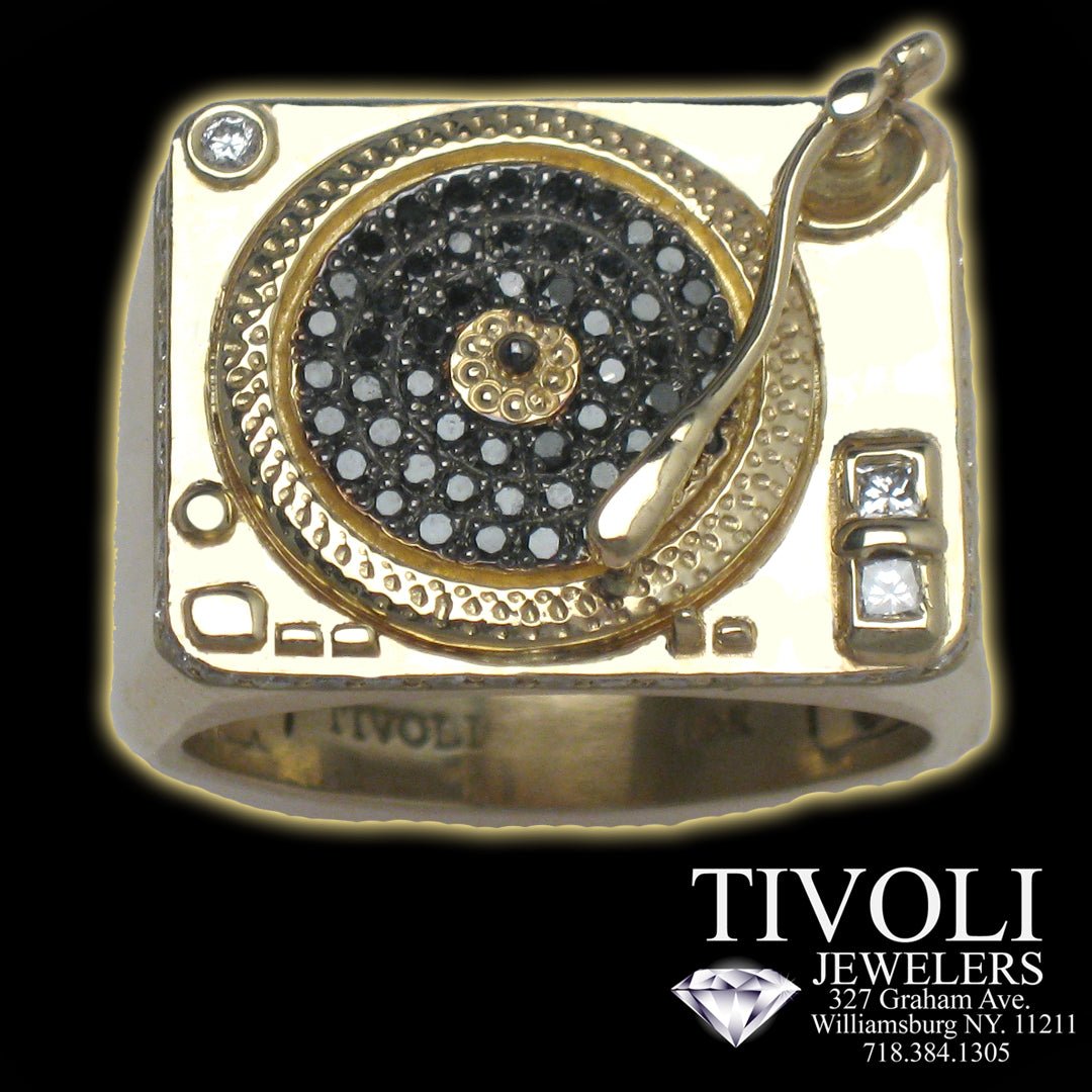 DJ Turnatble Ring In Fourteen Karat Yellow Gold With Black and white Diamonds - Tivoli Jewelers