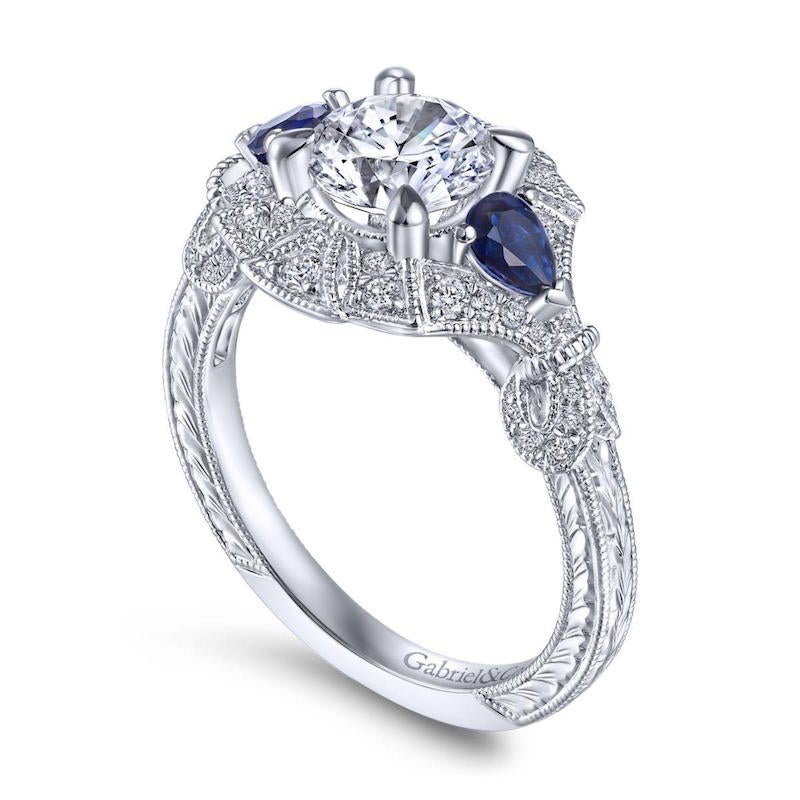 Gabriel & Co. 14k White Gold Art Deco 3 Stone Diamond & Gemstone Halo Engagement Ring - Tivoli Jewelers