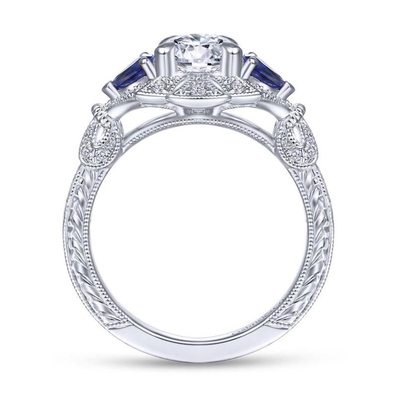 Gabriel & Co. 14k White Gold Art Deco 3 Stone Diamond & Gemstone Halo Engagement Ring - Tivoli Jewelers