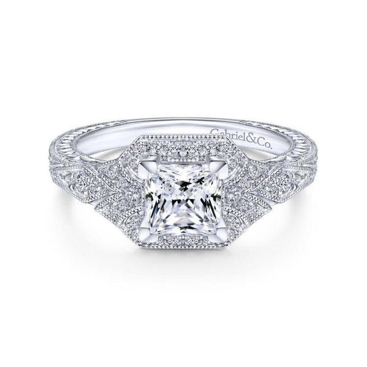 Gabriel & Co. 14k White Gold Art Deco Halo Engagement Ring - Tivoli Jewelers