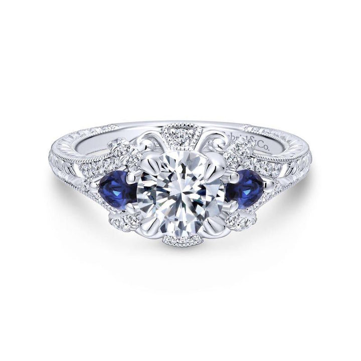 Gabriel & Co. 14k White Gold Victorian 3 Stone Diamond & Gemstone Engagement Ring - Tivoli Jewelers