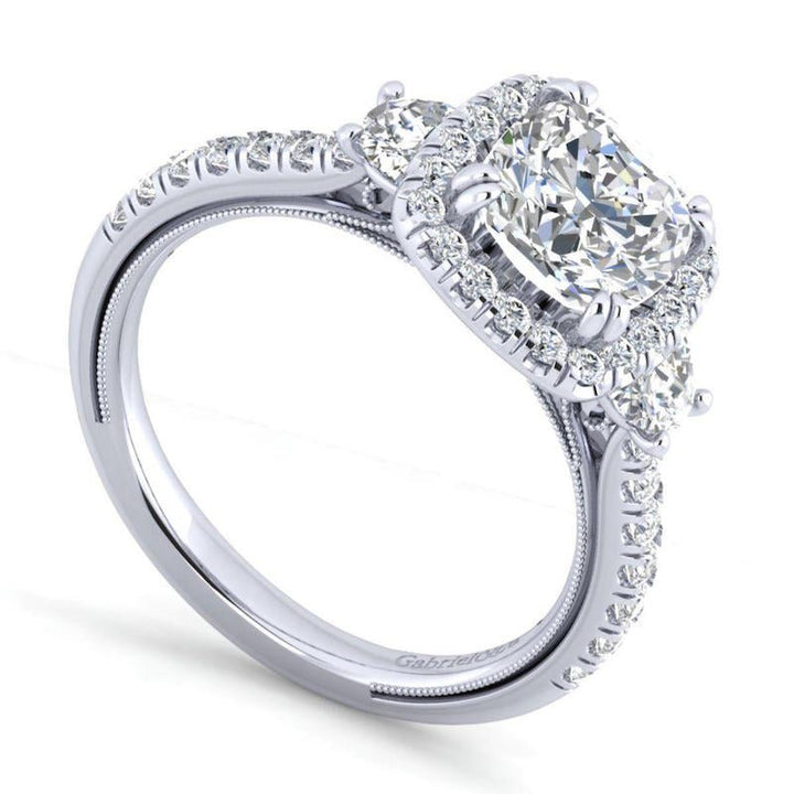 Gabriel & Co. 14k White Gold Victorian 3 Stone Halo Engagement Ring - Tivoli Jewelers