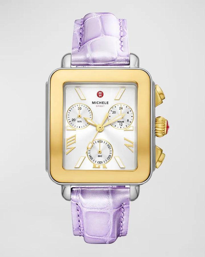 Michele Deco Sport Chronograph 18K Gold-Plated Lavender Leather Watch - Tivoli Jewelers