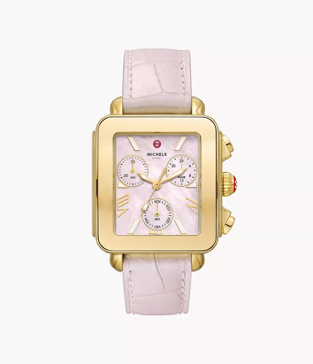 Michele Deco Sport Chronograph 18K Gold-Plated Pink Leather Watch - Tivoli Jewelers