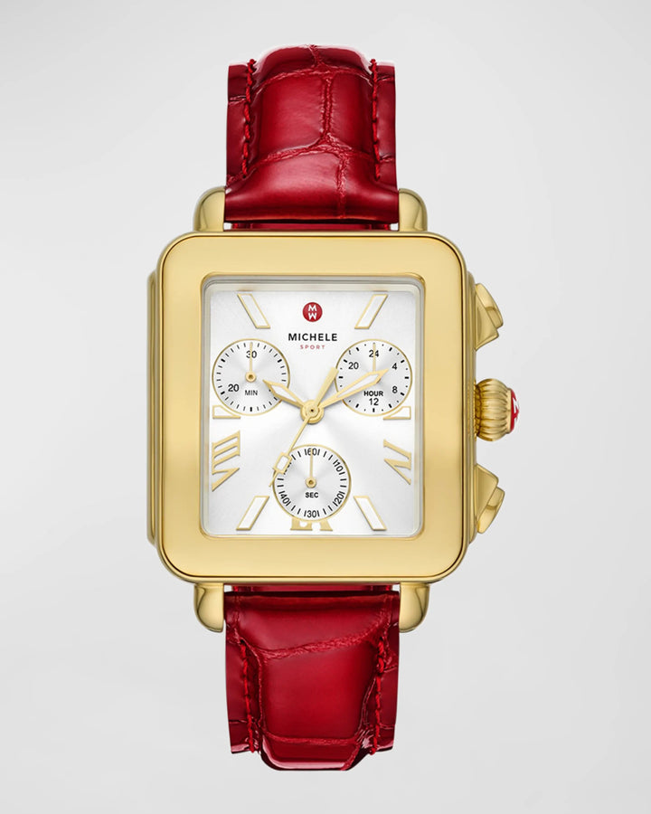 Michele Deco Sport Chronograph 18K Gold-Plated Red Leather Watch - Tivoli Jewelers