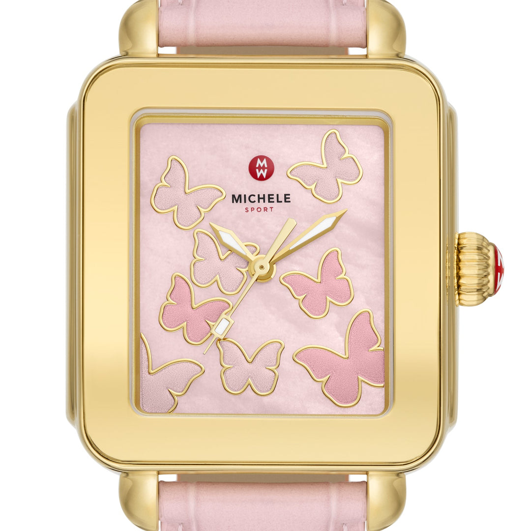 Michele Deco Sport Gold-Tone Pink Leather Watch - Tivoli Jewelers