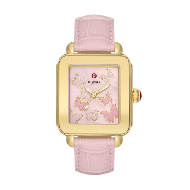 Michele Deco Sport Gold-Tone Pink Leather Watch - Tivoli Jewelers