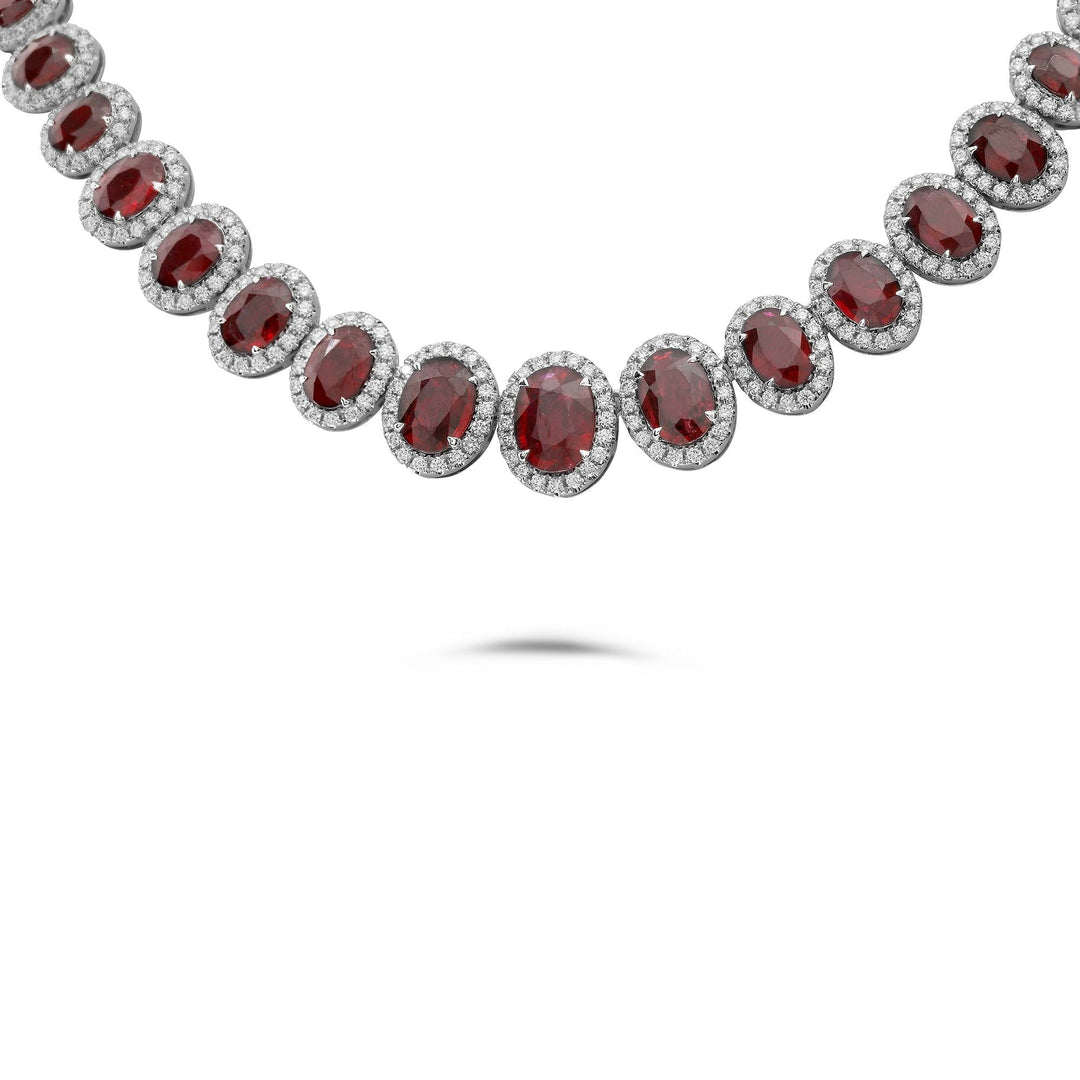 Oval Ruby and Diamond Halo Necklace in 18K White Gold - Tivoli Jewelers