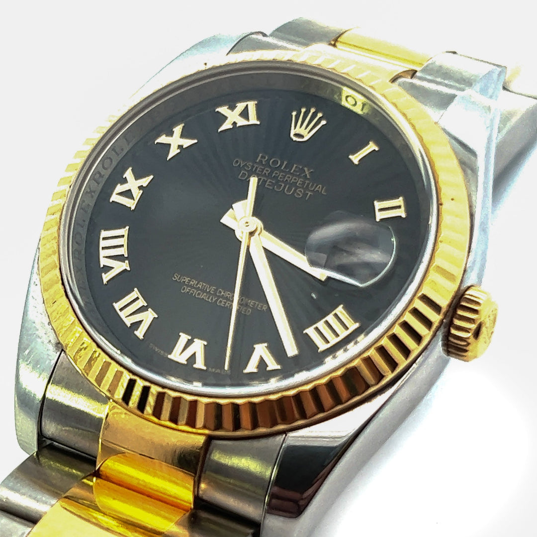 Pre-Owned Rolex Gold and Steel Datejust with Black Sunbeam Dial - Tivoli Jewelers